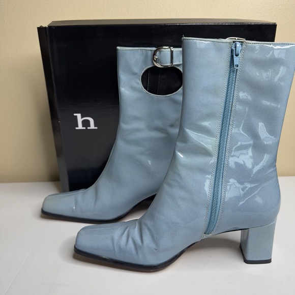 Hype Obsession Blue Patent Leather Boots Buckle Cutout Square Toe Size 7 - Picture 3 of 6